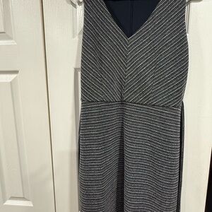 LOFT Black and Gray Striped Midi Dress